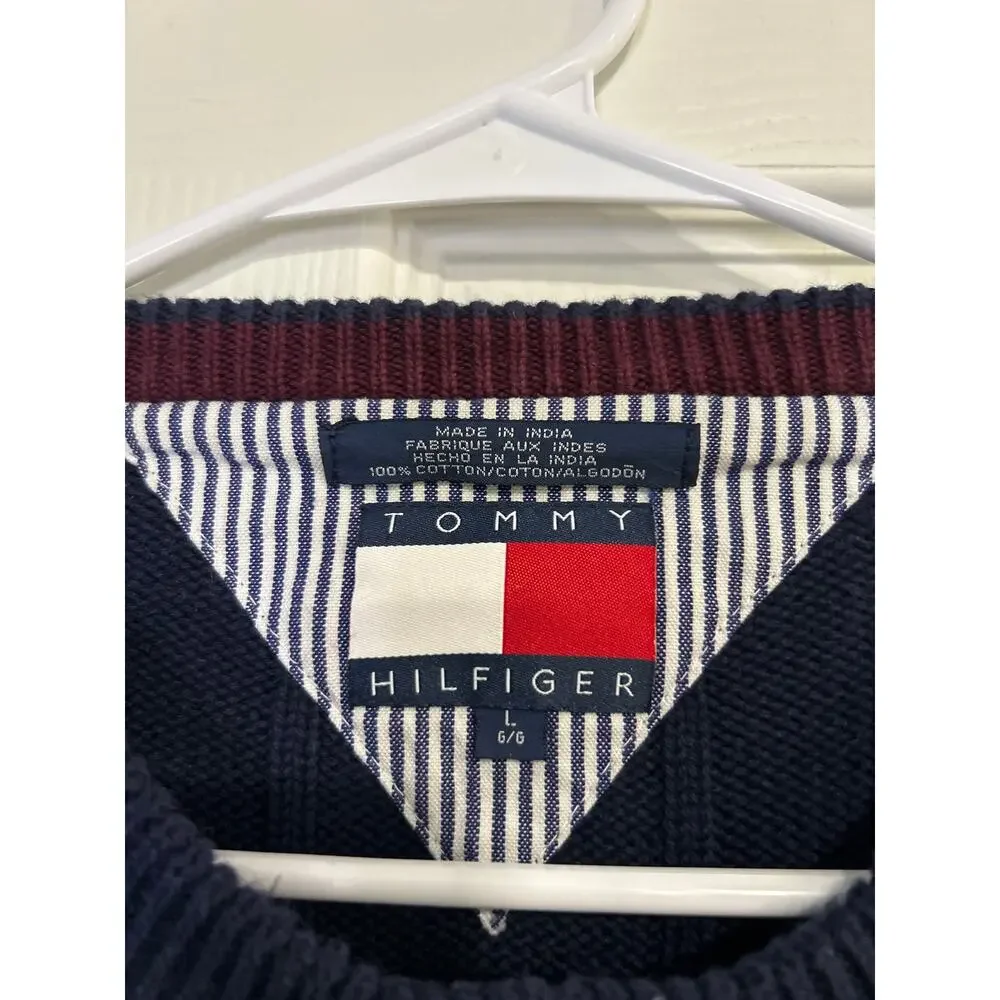 Vintage 90s Tommy Hilfiger Striped Knit Sweater Mens Large Navy Yellow